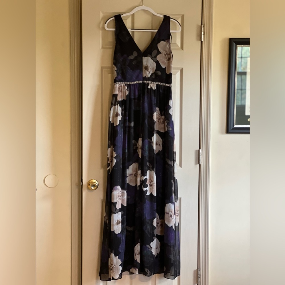 Beautiful navy blue with flowers size 10 gown by SLNY.